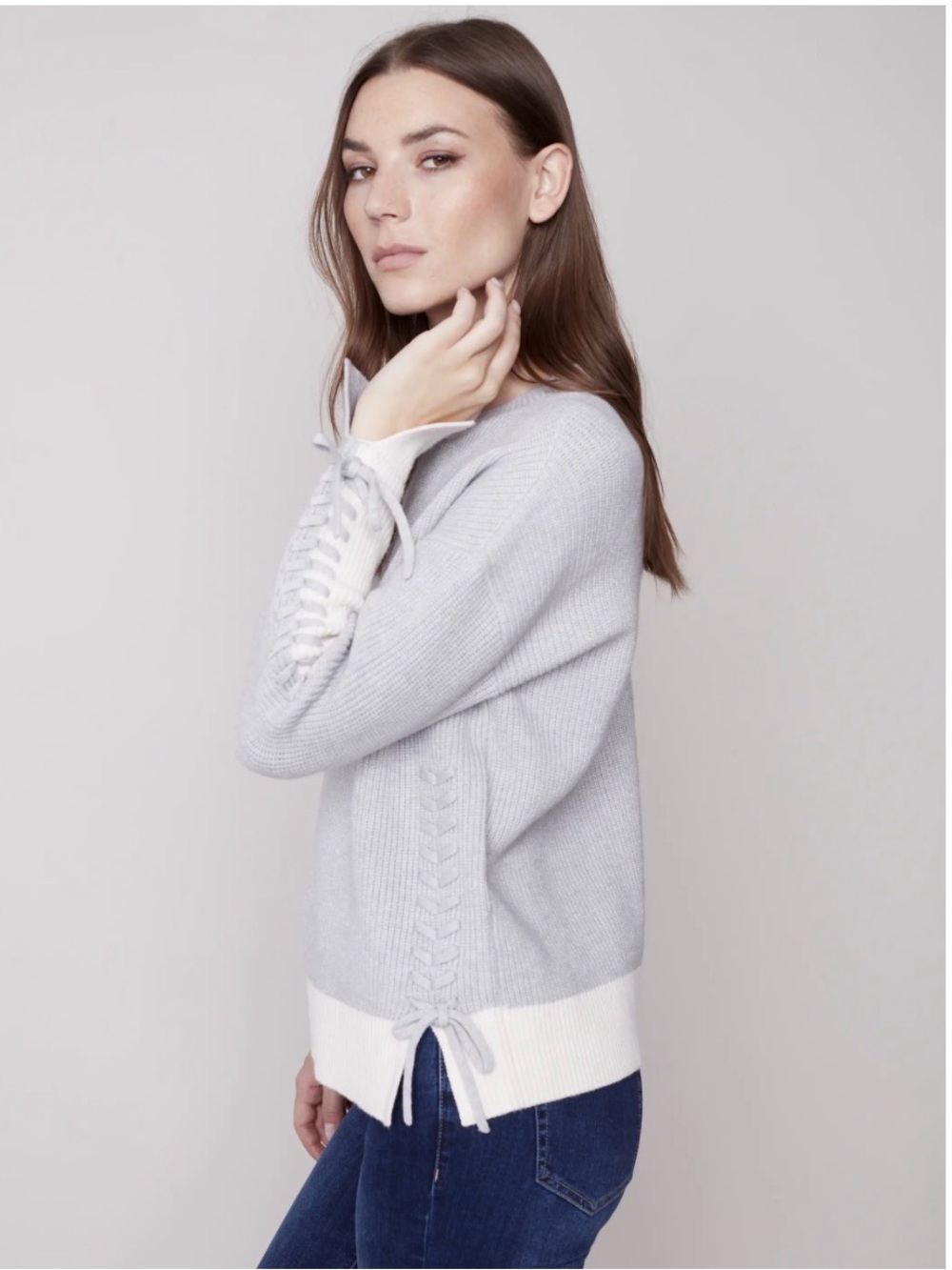 Charlie B Light Gray & White Lace-Up Sleeve Sweater